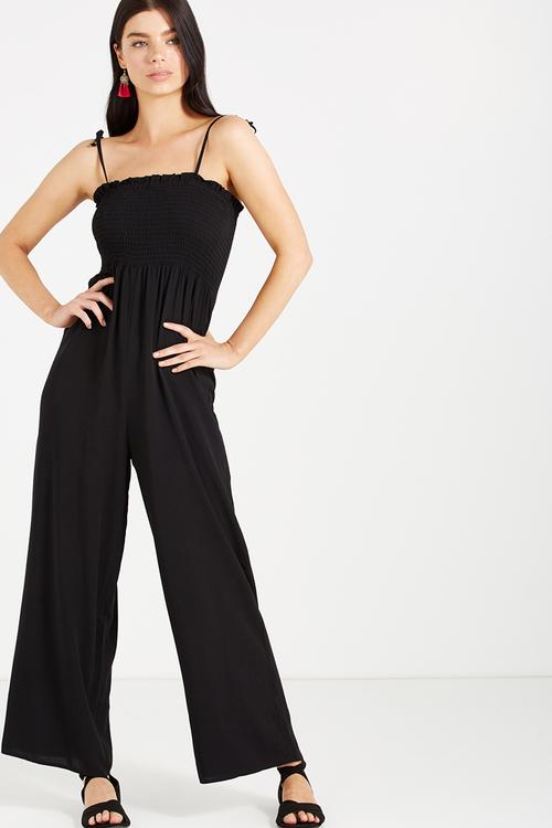 Woven ruby shirred sleeveless jumpsuit