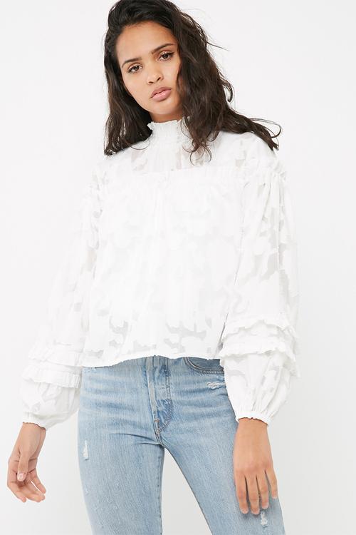 Mesh high neck gathered detail blouse