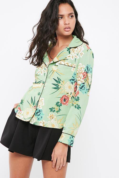 Floral print piping detail pyjama shirt