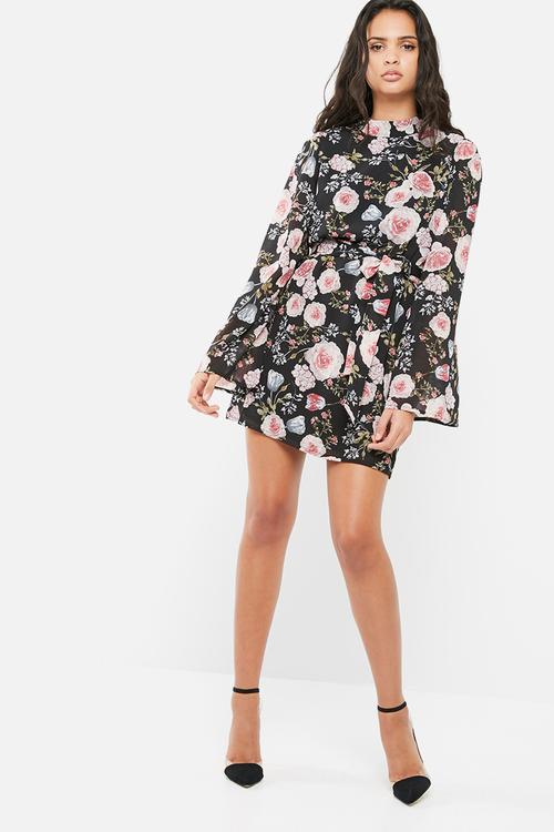 Chiffon floral high neck long sleeve mini dress