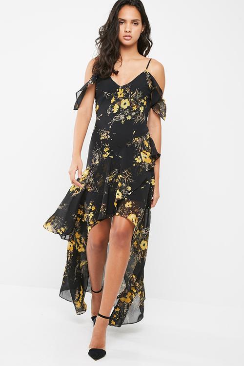 Chiffon floral frill detail maxi dress