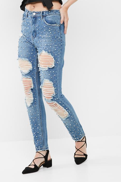 Riot high rise premium embellished mom jean