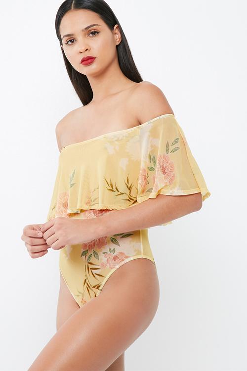 Floral print mesh bardot bodysuit
