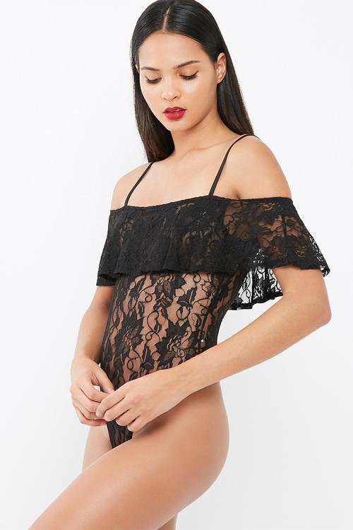 Lace frill bardot bodysuit