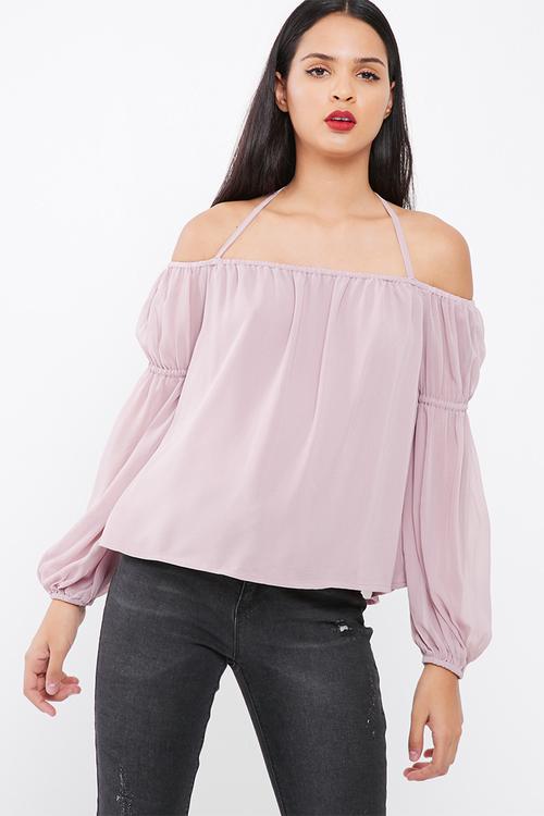 Halter supported bardot chiffon blouse