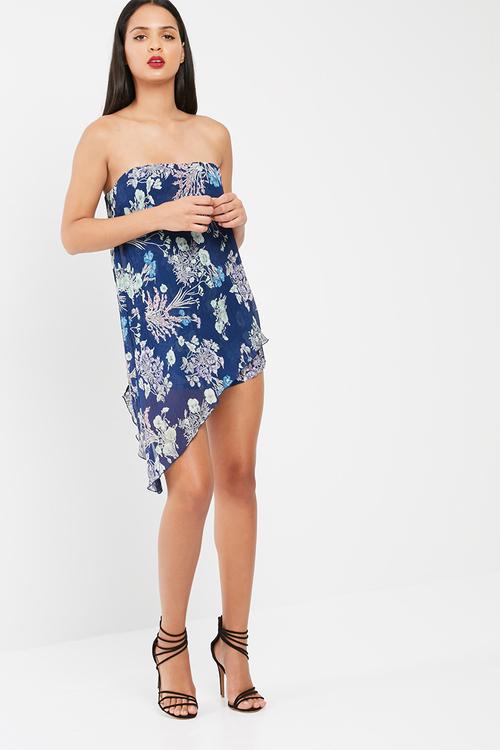 Blue floral crinkle bandeau overlay playsuit