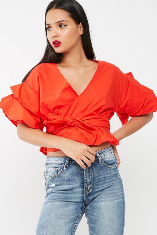 Wrap gathered sleeve blouse