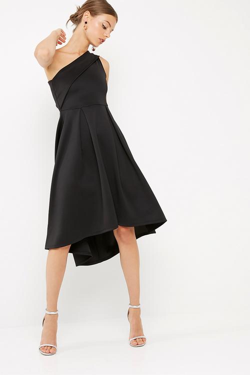 One shoulder dip hem midi dress