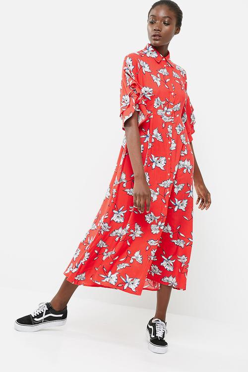 Button through midi dress with frill sleeve