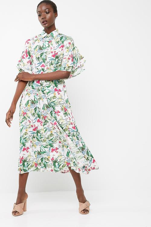 Button through midi dress with frill sleeve