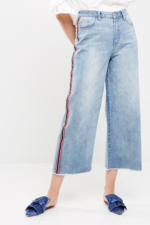 Wide leg side stripe cropped jeans