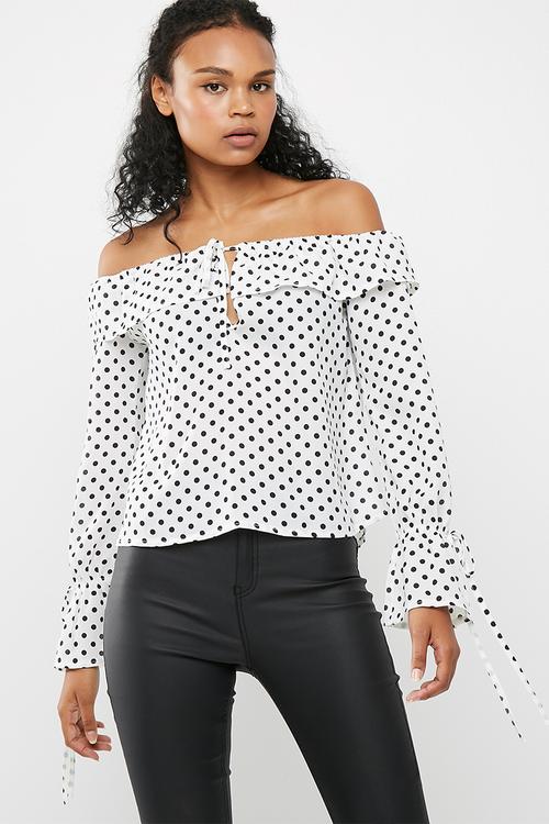 Polka dot print bardot tie detail ruffle blouse
