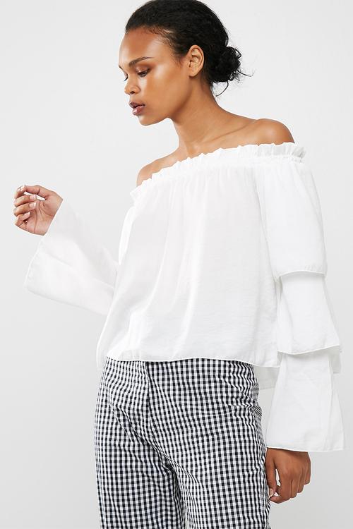 White tiered sleeve bardot blouse