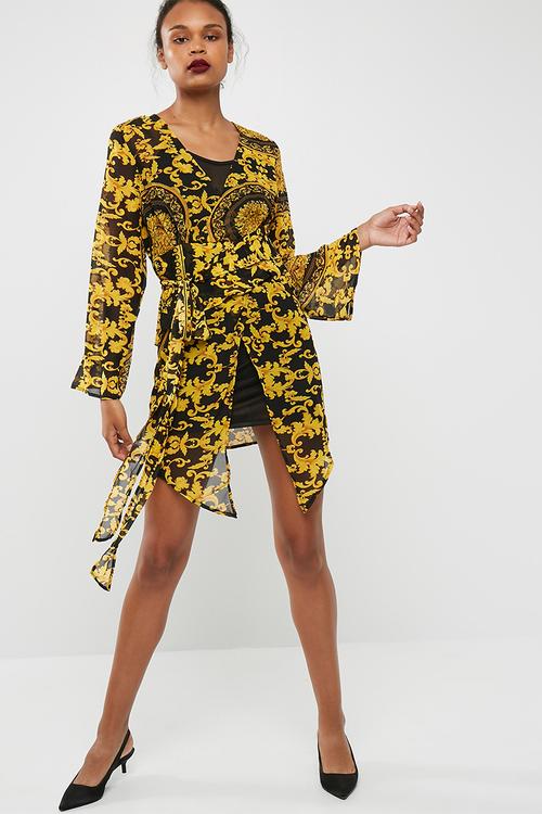 Scarf print v-neck wrap front mini dress