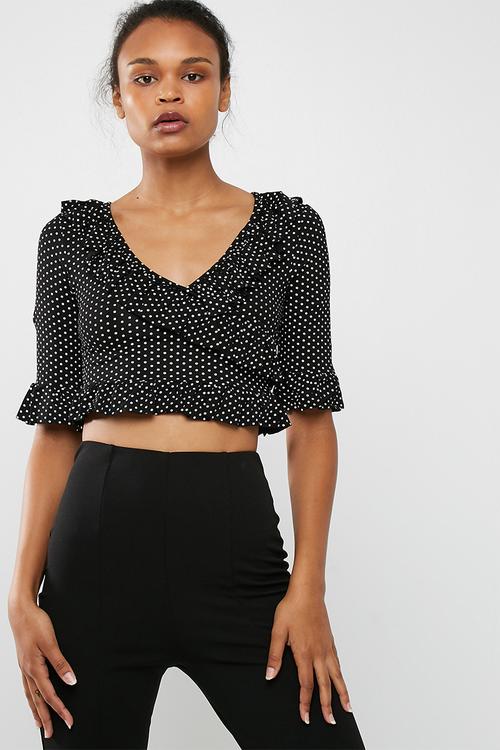 Black wrap polka dot frill crop top