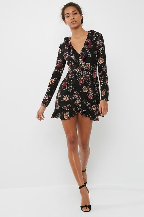 Floral long sleeve ruffle tea dress