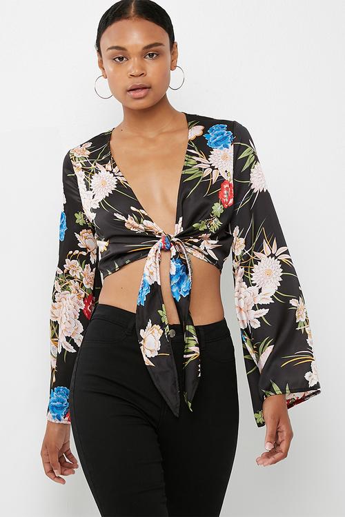 Satin floral wrap front top