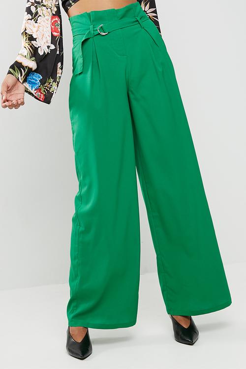 Paper bag waist wide leg trousers - green