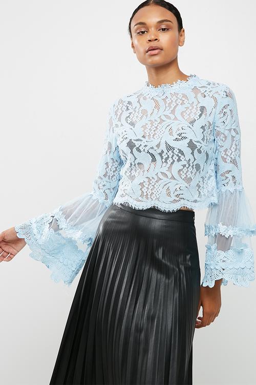 Lace and mesh long sleeve top - blue