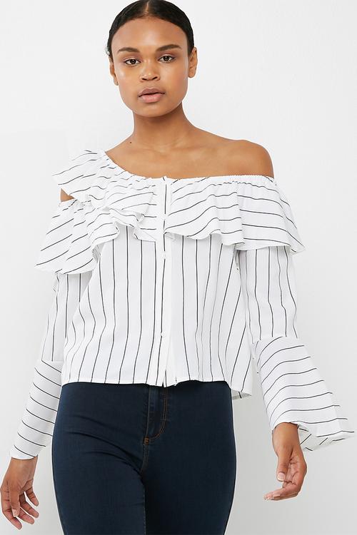 Stripe one shoulder flute sleeve blouse