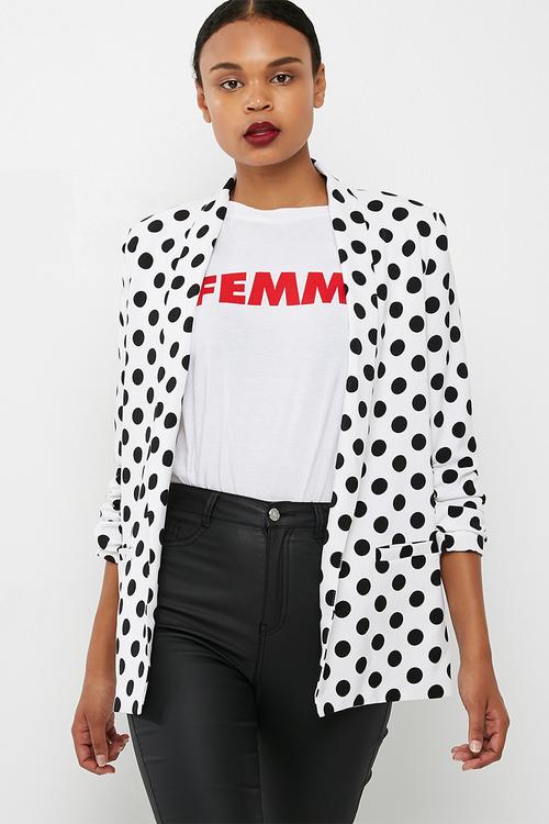 Polka dot gathered sleeve blazer