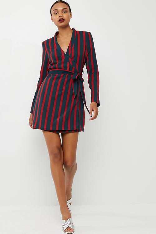 Shoulder pad contrast stripe tie waist shift dress
