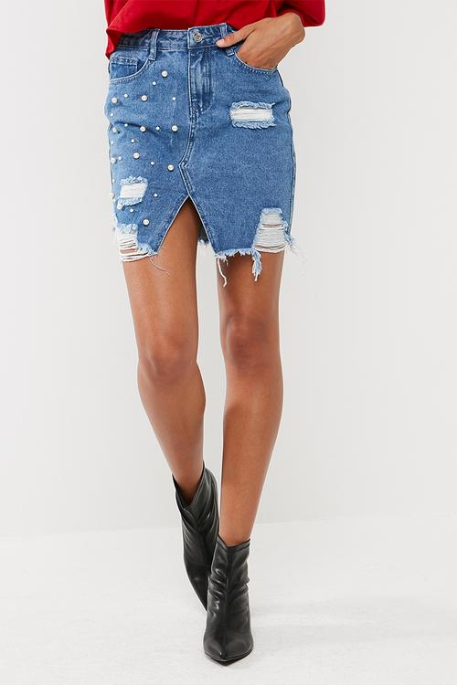 Pearl embellished denim skirt with silver chain