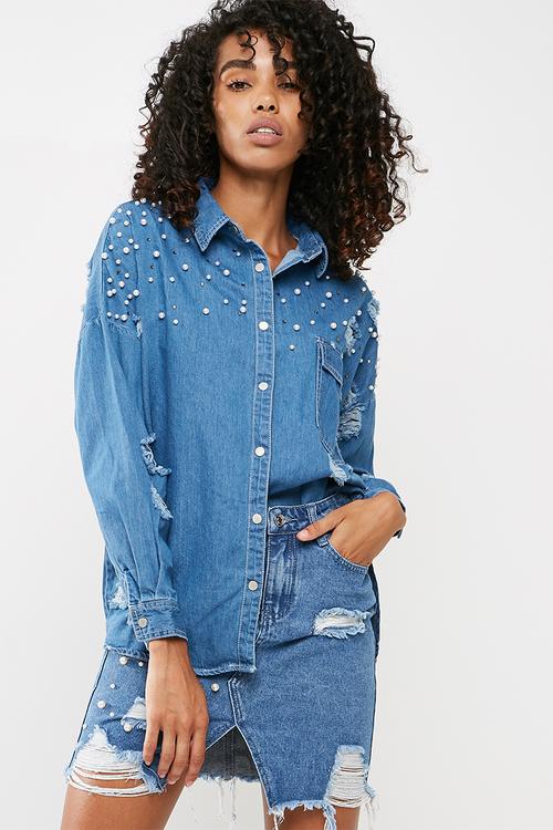 Distressed denim shirt with pearl detail