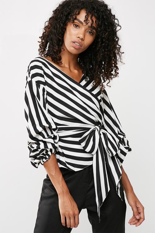 Striped puffball sleeves tie waist blouse