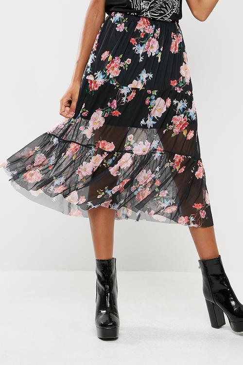 Floral mesh frill hem midi skirt