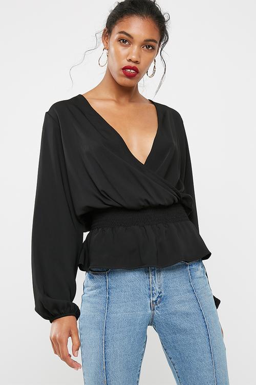 Shirred waist wrap blouse