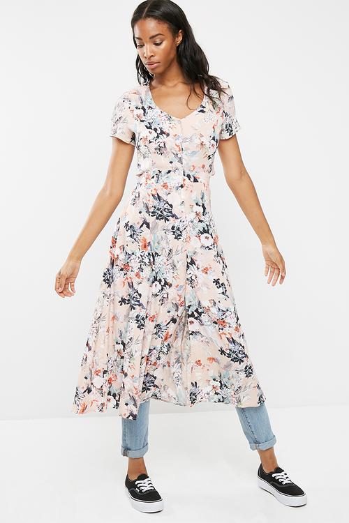 Cap sleeve midi dress with tie detail