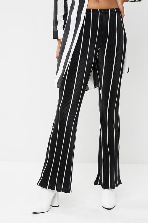Striped plisse flared leg trousers