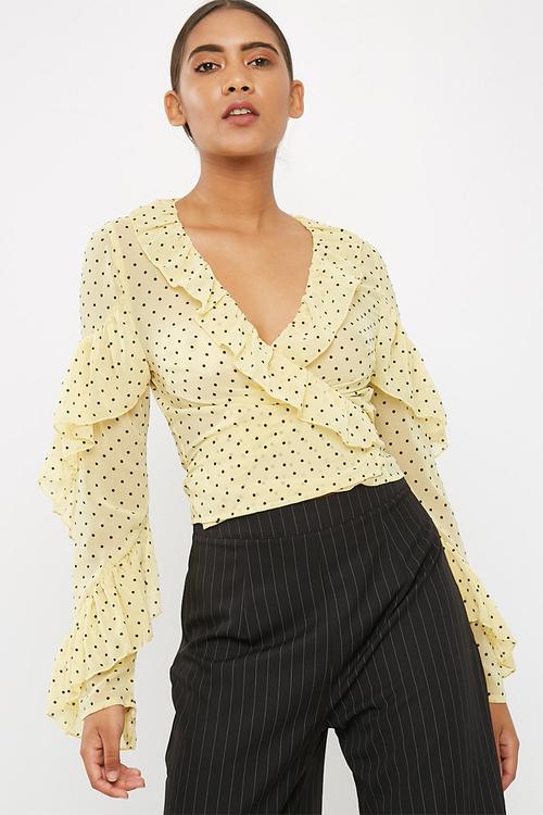 Chiffon polka dot frill detail tie front long sleeve top