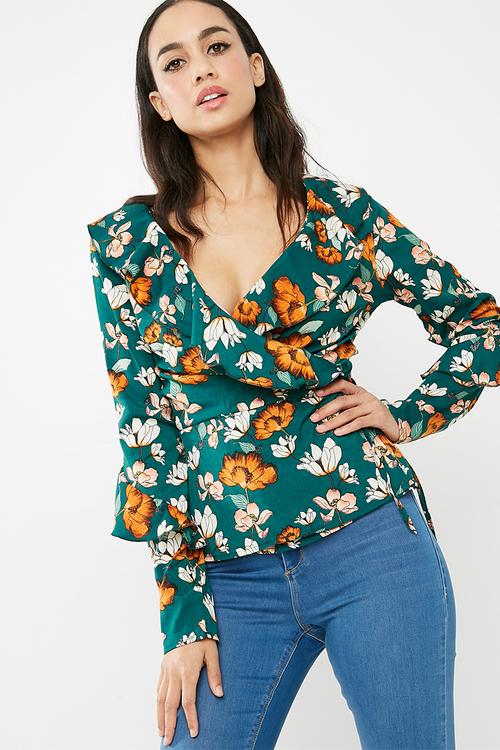 Floral wrap ruffle tie front blouse