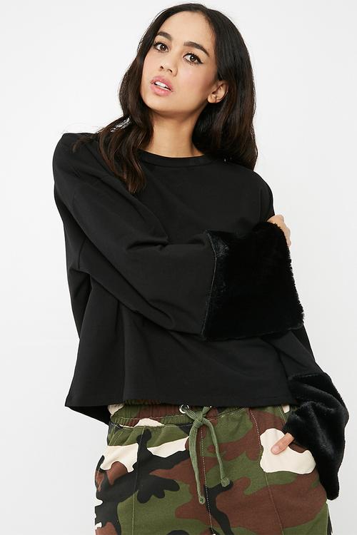 Faux fur cuff sweatshirt