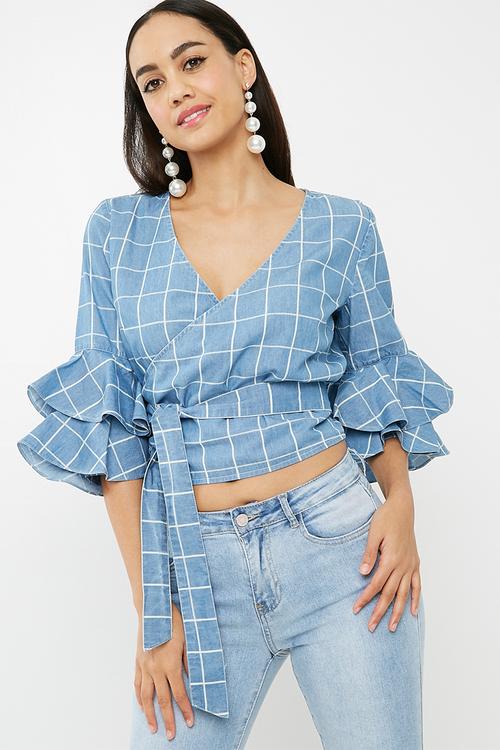 Check wrap around tie waist denim blouse