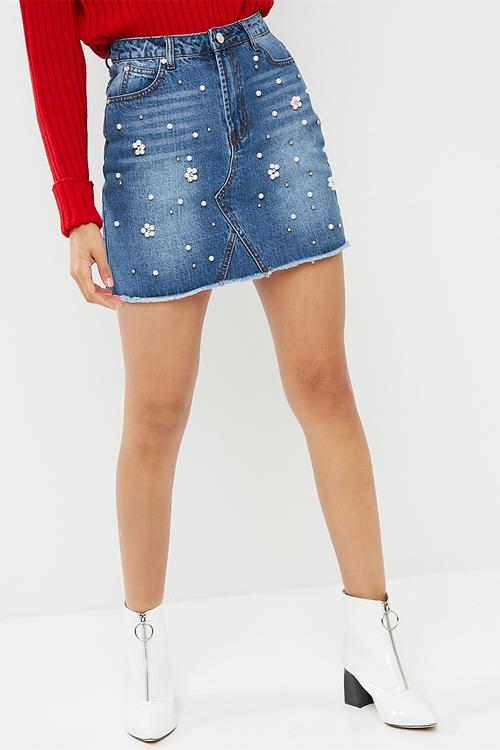 Pearl flower detail denim mini skirt