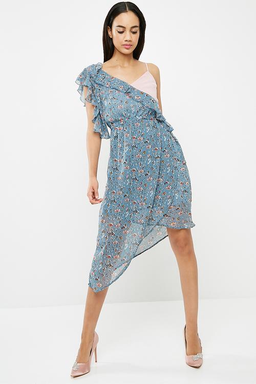 Chiffon floral frill sleeve aysymetric midi dress - blue