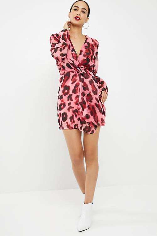 Animal print silky plunge wrap shift dress