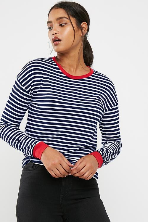 Long sleeve stripe fitted ringer top