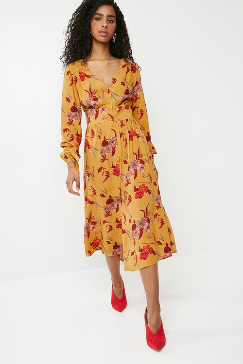 Sleeve tie midi dress - yellow