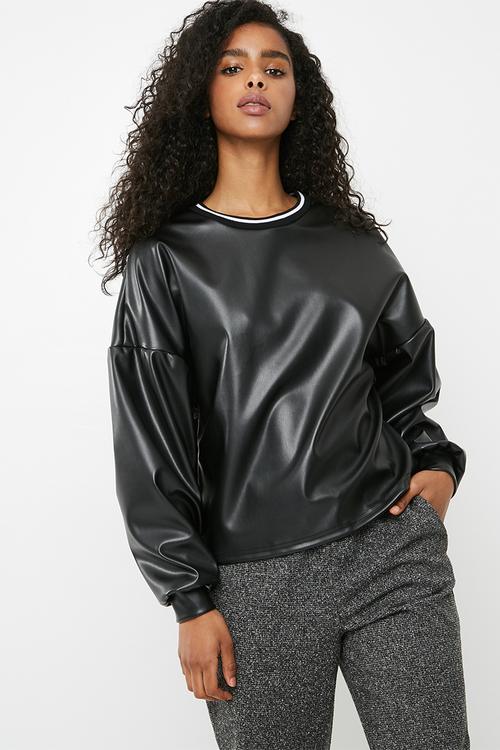 Balloon sleeve PU top  - black
