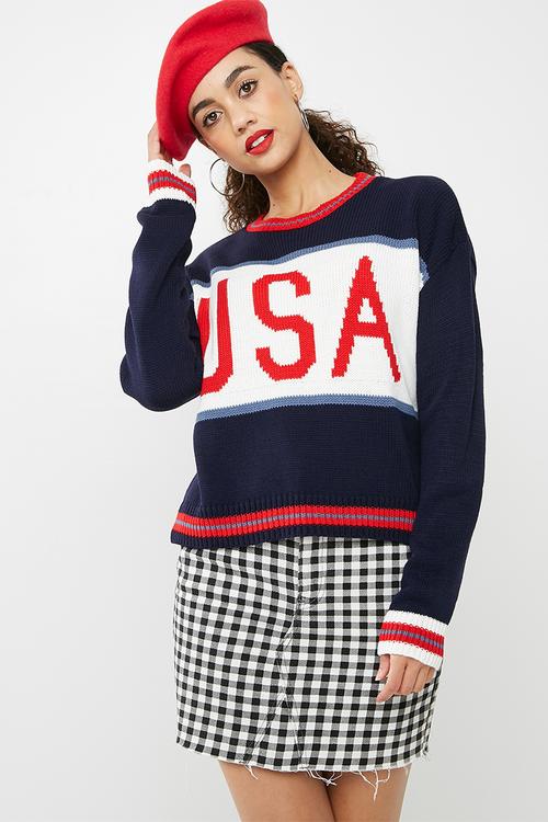 Crew neck USA slogan knitted jumper - navy & red