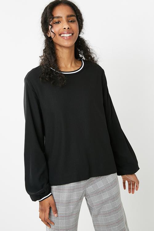 Sporty rib trim blouse - black 