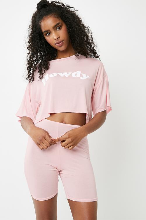 Oversized slogan print cycling short pyjama set - pink 