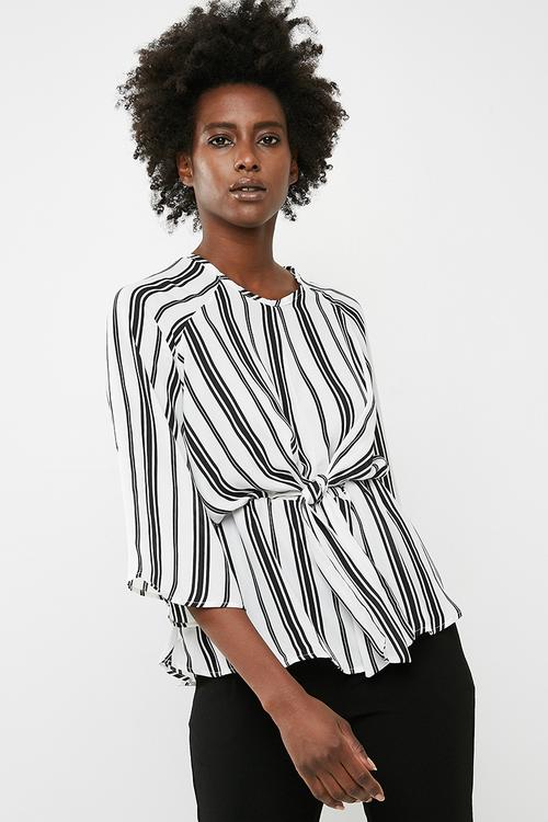 Tie front stripe blouse - white & black