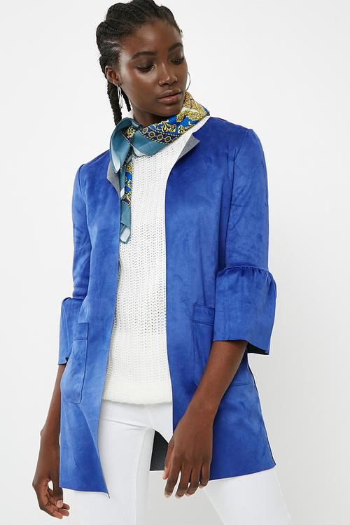Eva bonded faux suede frill coat - blue 
