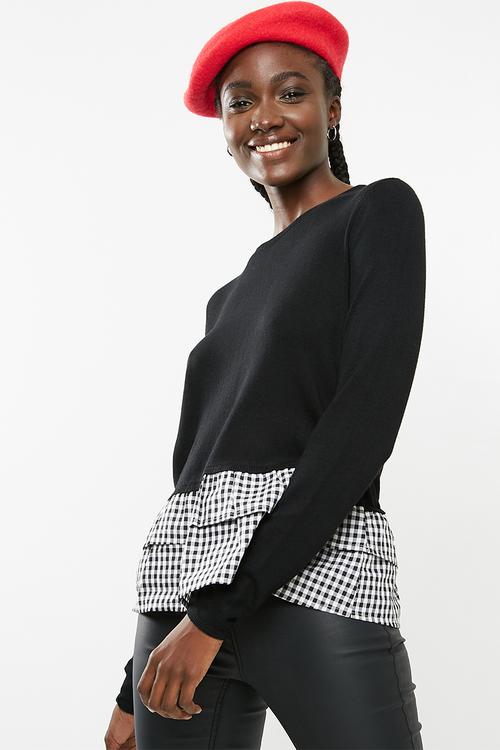 Gingham long sleeve mix pullover knit - black 
