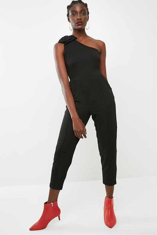 One shoulder bow jumpsuit - black 